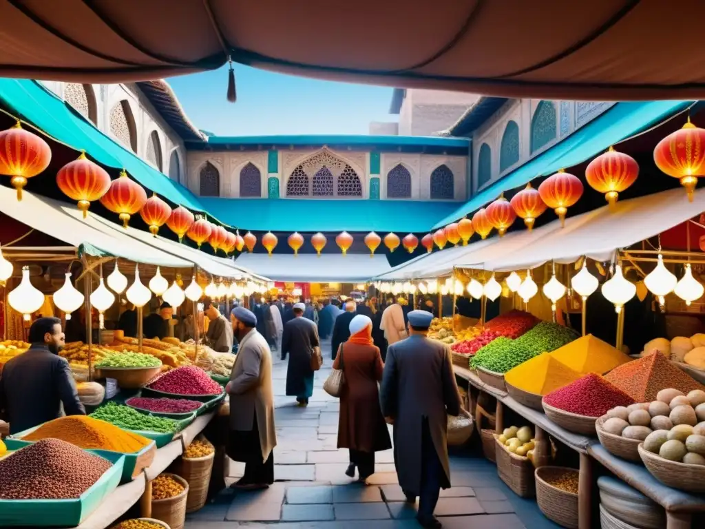 Una animada feria persa con especias, frutas y tejidos coloridos