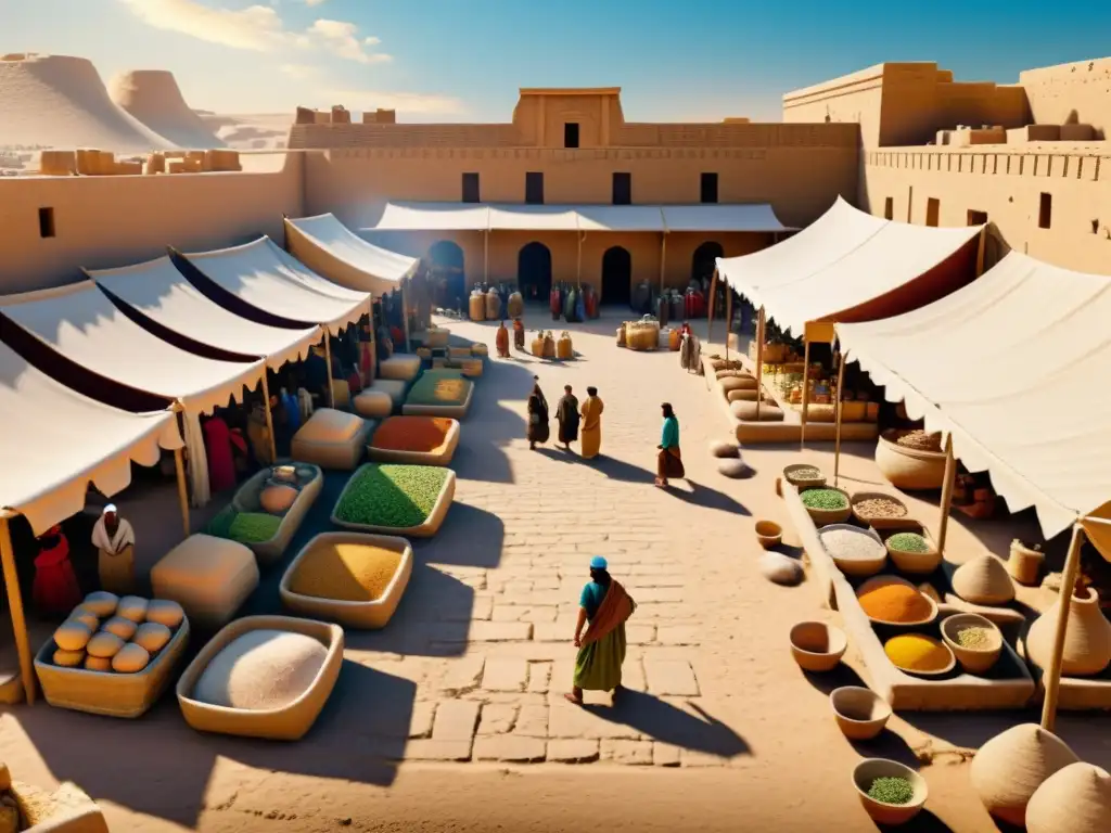 Una animada plaza de mercado en Babilonia, Mesopotamia, con comerciantes y clientes intercambiando bienes bajo la sombra de zigurats