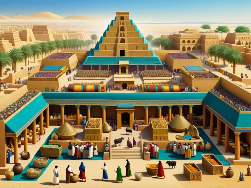 Animado mercado de Babilonia antigua, con comerciantes, clientes y arquitectura mesopotámica, reflejando economía y comercio babilonia mesopotamia