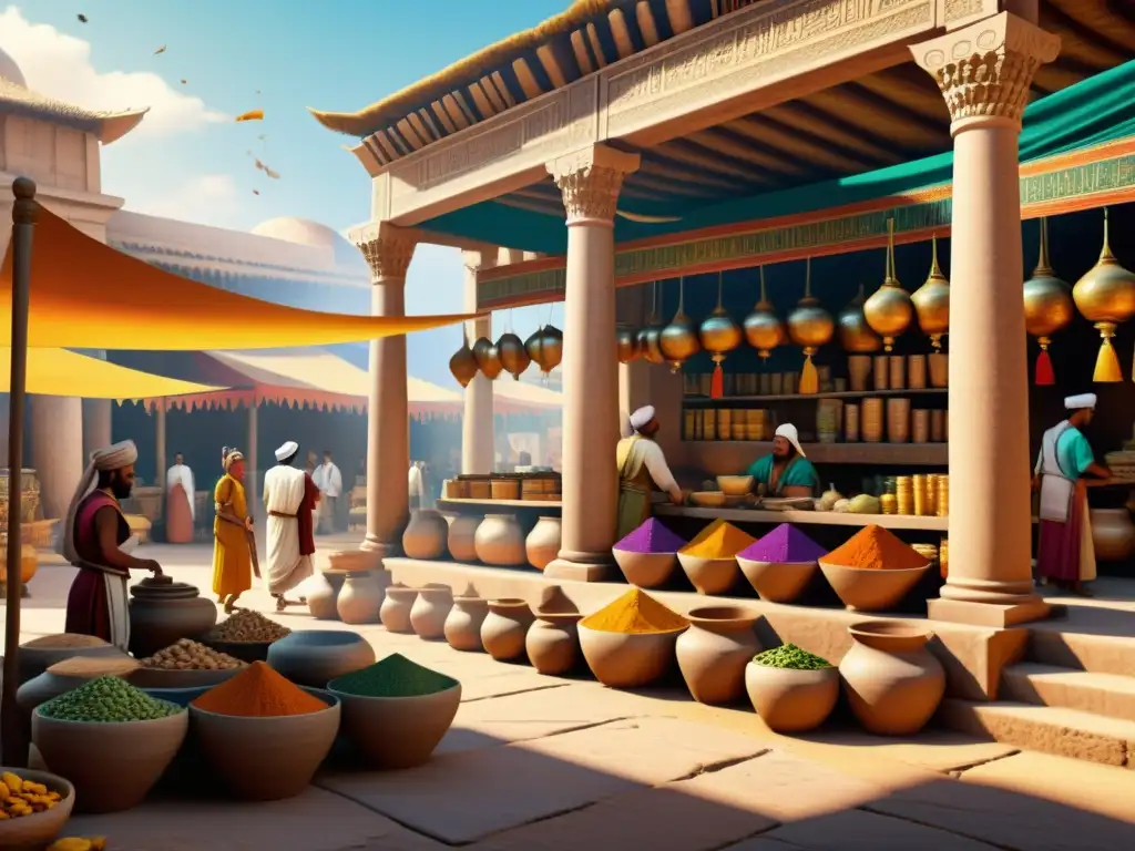 Animado mercado antiguo del Imperio Seléucida, con comerciantes intercambiando especias, textiles y cerámica bajo coloridas carpas