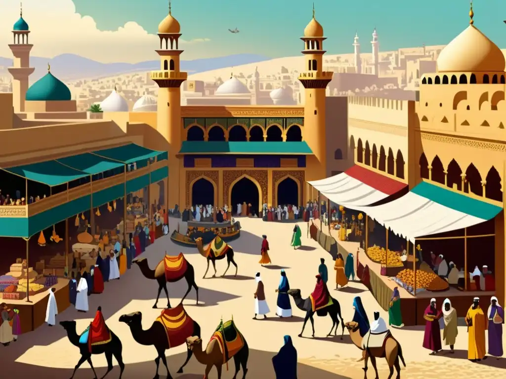 Animado mercado antiguo en Medio Oriente con rutas comerciales clave, comerciantes de diversas culturas y bienes en intercambio