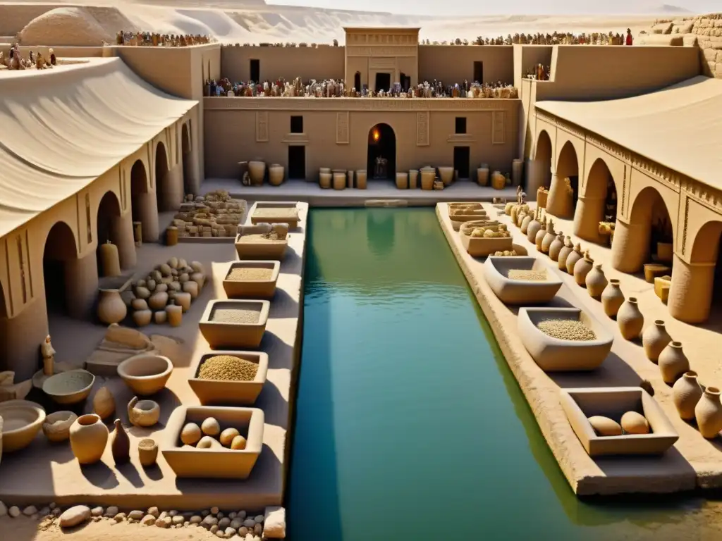 Mercado antiguo mesopotámico: comercio de antigüedades funerarias Animado mercado antiguo de Mesopotamia con comercio de antigüedades funerarias y ziggurats junto a ríos Tigris y Éufrates