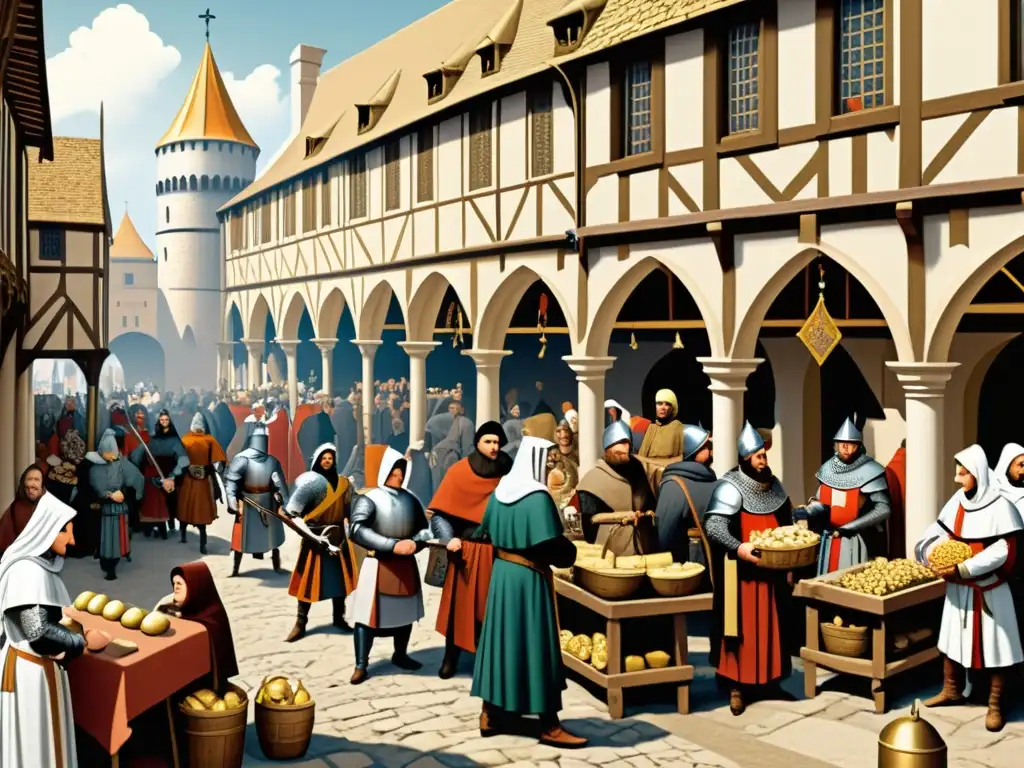 Mercado medieval de las Cruzadas: escena económica vibrante Ilustración sepia del animado mercado medieval durante las Cruzadas, con mercaderes, caballeros y monjes recaudando fondos para la guerra santa
