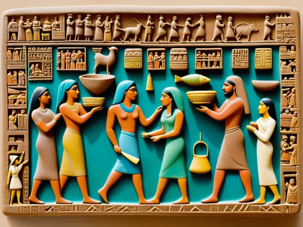 Mercado bullicioso en Mesopotamia: escena vibrante de comercio y cultura Animado mercado mesopotámico con mercaderes regateando, artesanos exhibiendo productos y diversidad cultural