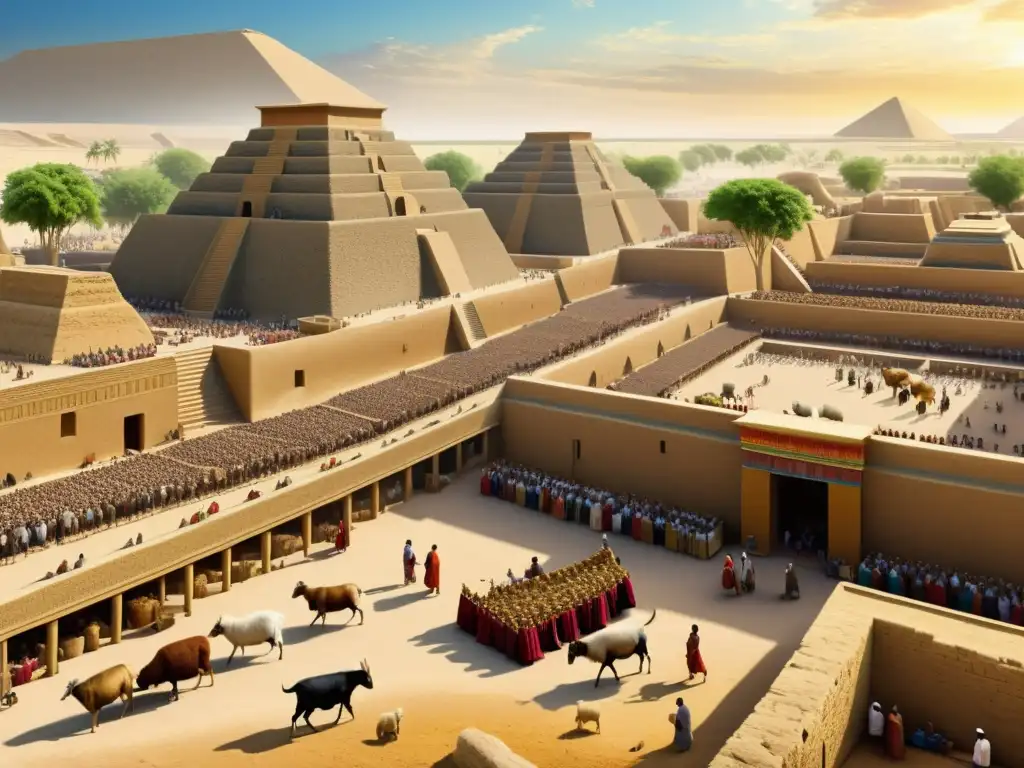 Animado mercado sumerio con comerciantes intercambiando bienes, clientes regateando y animales pastando