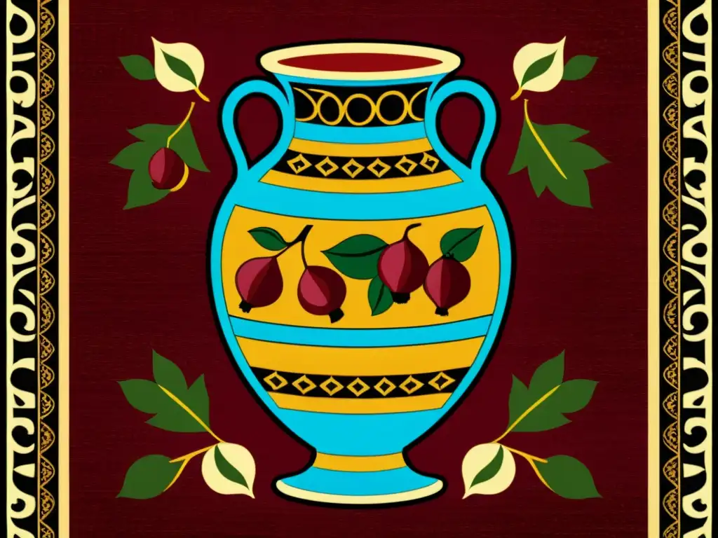 Antigua ánfora griega en alfombra persa, con granadas, higos y uvas