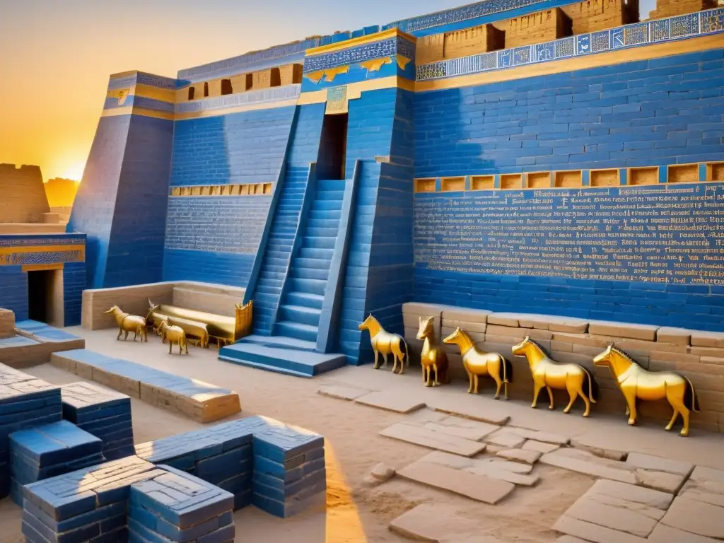 Antigua ciudad de Babilonia al atardecer, con la icónica Puerta de Ishtar y sus ladrillos azules