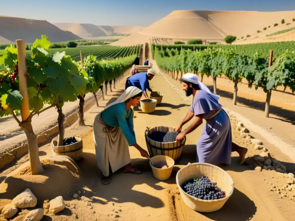 Recolección ancestral de uvas en Canaán: tradición vinícola Antigua escena de vendimia en Canaán bajo el sol, destacando la historia de la vinificación en Oriente Medio