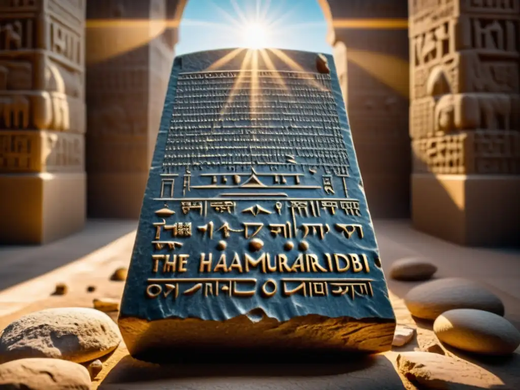 Réplica detallada en 8k del Código de Hammurabi en estela de piedra Antigua estela de Babilonia con el Código de Hammurabi en cuneiforme, destacando el legado jurídico de Babilonia