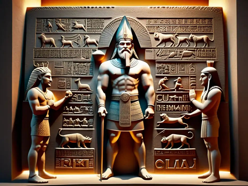 Escena sepia de la creación sumeria: Enki moldea humanos de arcilla La antigua creación sumeria: Enki moldeando humanos de arcilla con inscripciones cuneiformes, simbolizando la Ética y moral en mitos sumerios