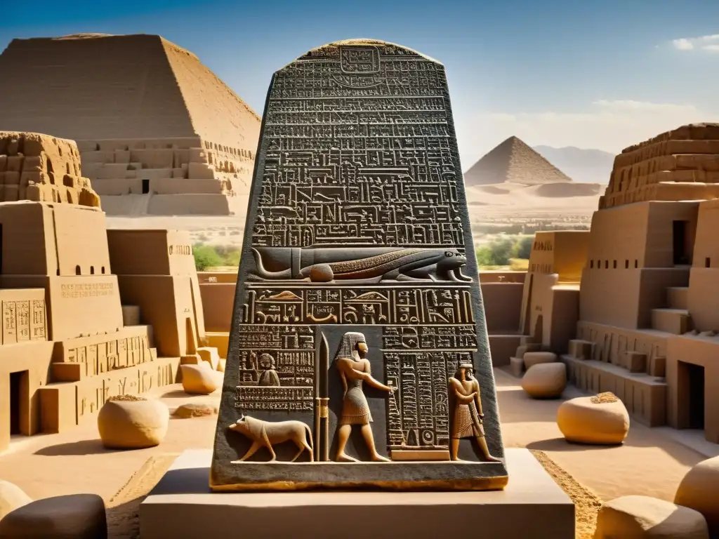 Antigua Babilonia: el imponente Código de Hammurabi tallado en una estela de piedra, rodeado de arquitectura y ziggurats, evocando su circuito legal