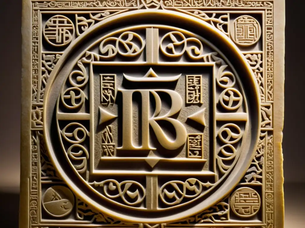 Tableta de piedra esculpida con alfabeto antiguo del Este Una antigua tabla de piedra tallada con caracteres del alfabeto oriental, mostrando la estética del alfabeto en Oriente en detalle