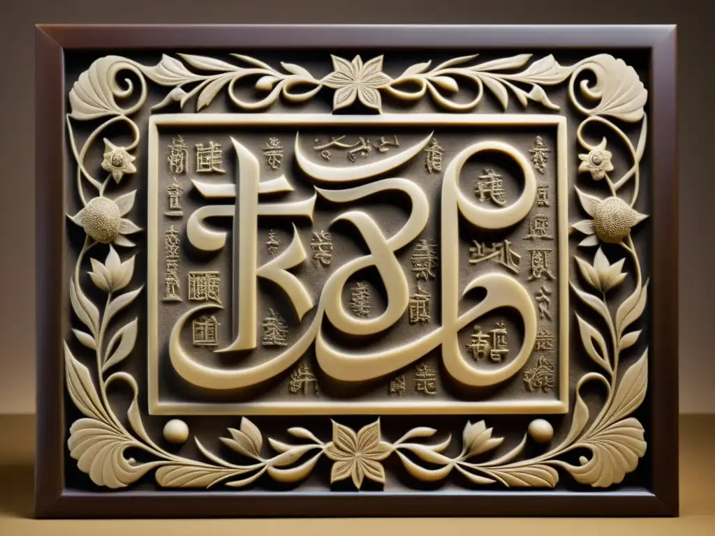 Relieve de caligrafía oriental: elegancia en piedra sepia Una antigua tabla de piedra tallada con caligrafía oriental en tonos sepia, transmitiendo armonía y equilibrio