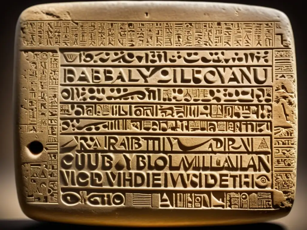 Antigua tableta de arcilla mesopotámica con escritura cuneiforme detallada, en museo de Oriente Medio