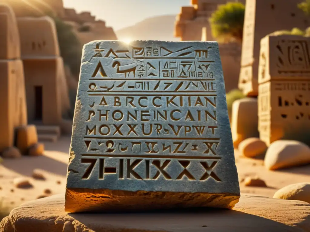 Tableta fenicia ancestral: detalle en 8k Antigua tablilla fenicia con el primer alfabeto: detalles tallados y texturas, en ruinas bajo luz dorada