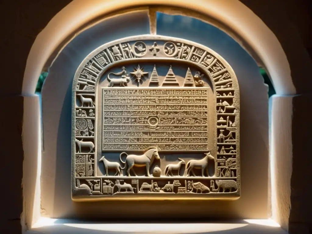 Misterioso zodiaco babilónico tallado en piedra Una antigua tablilla de piedra con símbolos del zodiaco babilónico, iluminada por luz celestial