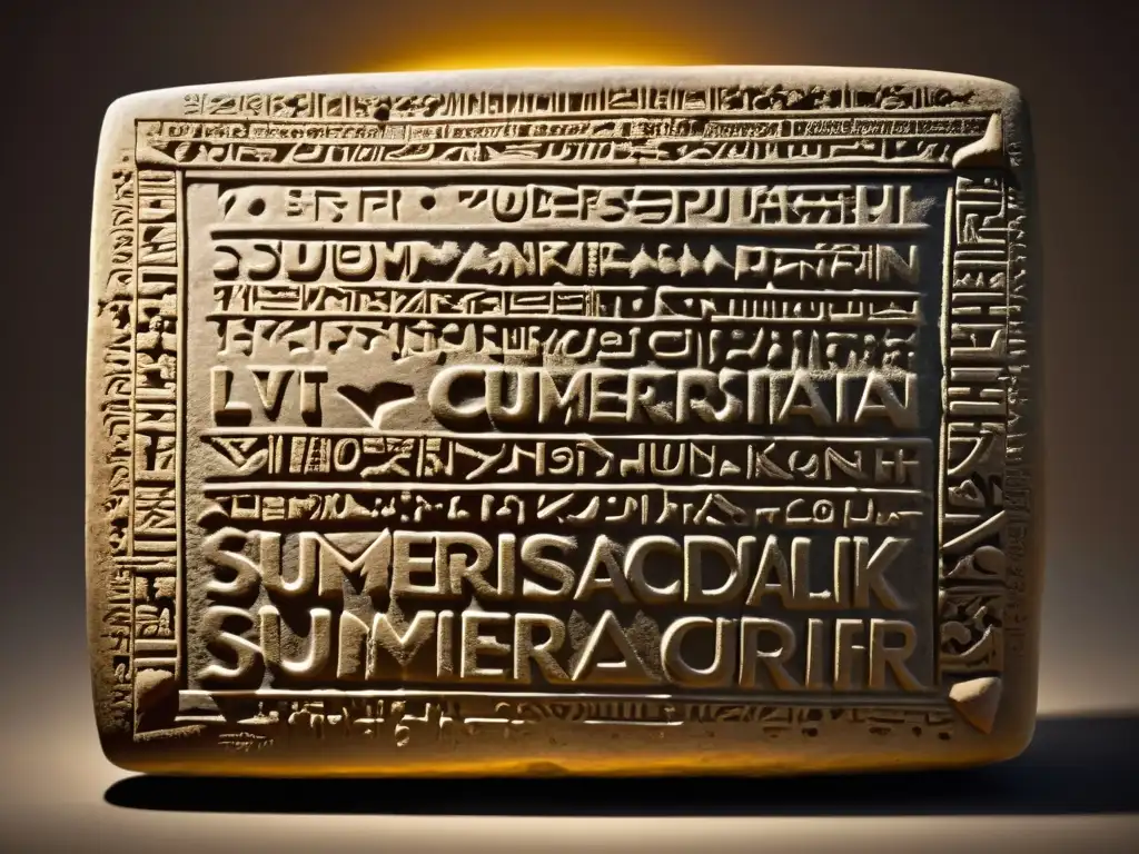 Una antigua tablilla sumeria con nombres y significados iluminada suavemente