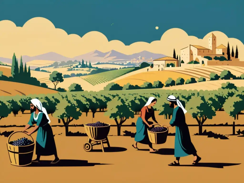 Vendimia ancestral en el Medio Oriente: historia y tradición Antigua ilustración sepia de vendimiadores en Oriente Medio bajo el sol ardiente