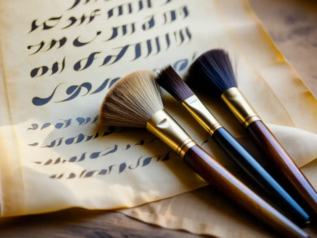Pinceles antiguos y caligrafía: elegancia en sepia Antiguas brochas de caligrafía sobre pergamino envejecido, iluminadas por una luz suave