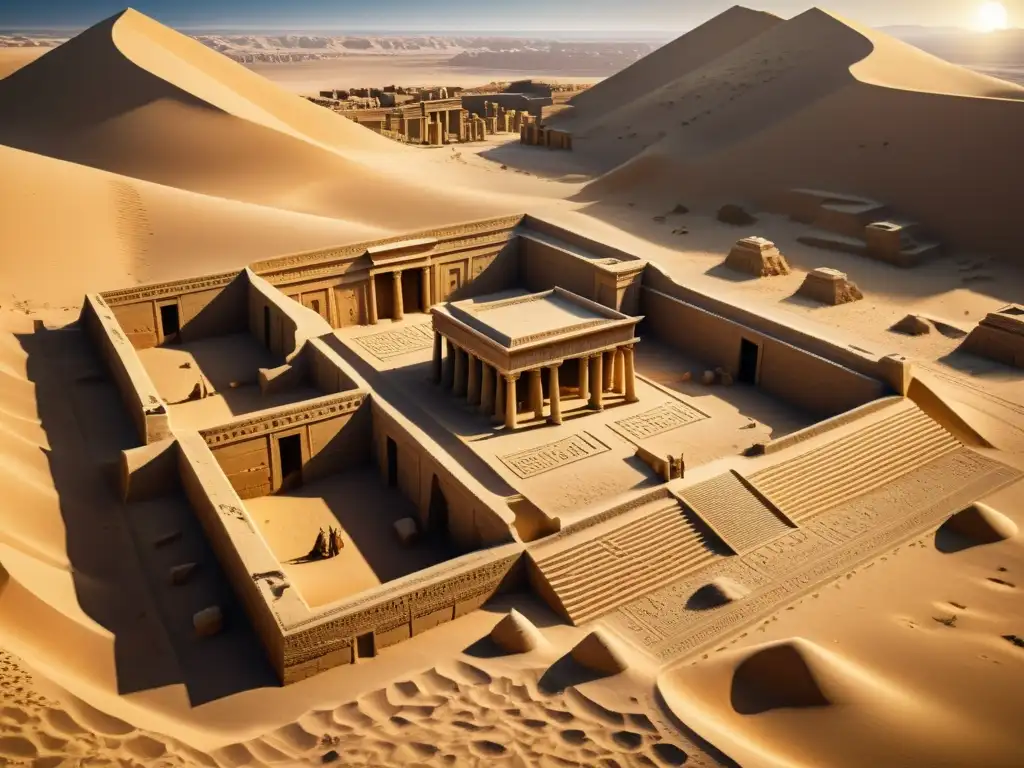 Ruinas sumerias: legado ancestral en sepia Descubre antiguas ruinas sumerias detalladas con inscripciones cuneiformes, templos y artefactos parcialmente enterrados en las arenas del desierto