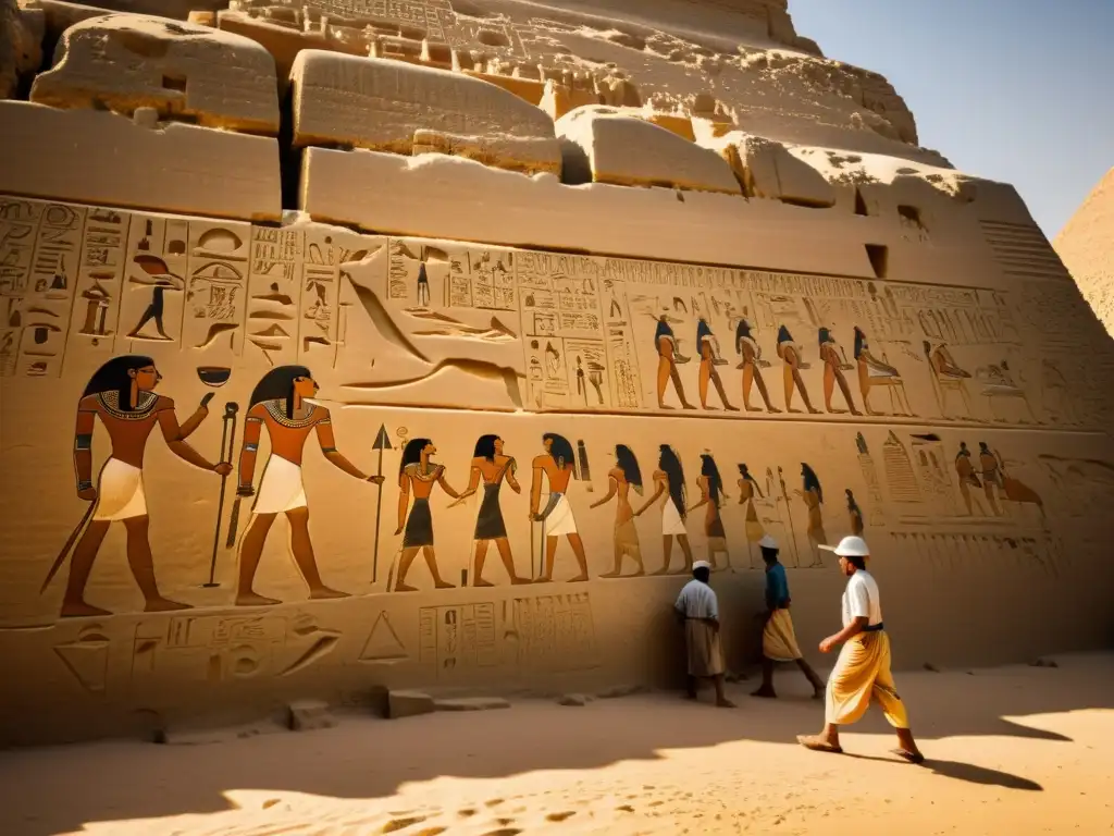 Antiguas técnicas de construcción de bloques de piedra en Egipto, capturadas en esta impresionante imagen sepia de jeroglíficos y artesanía milenaria