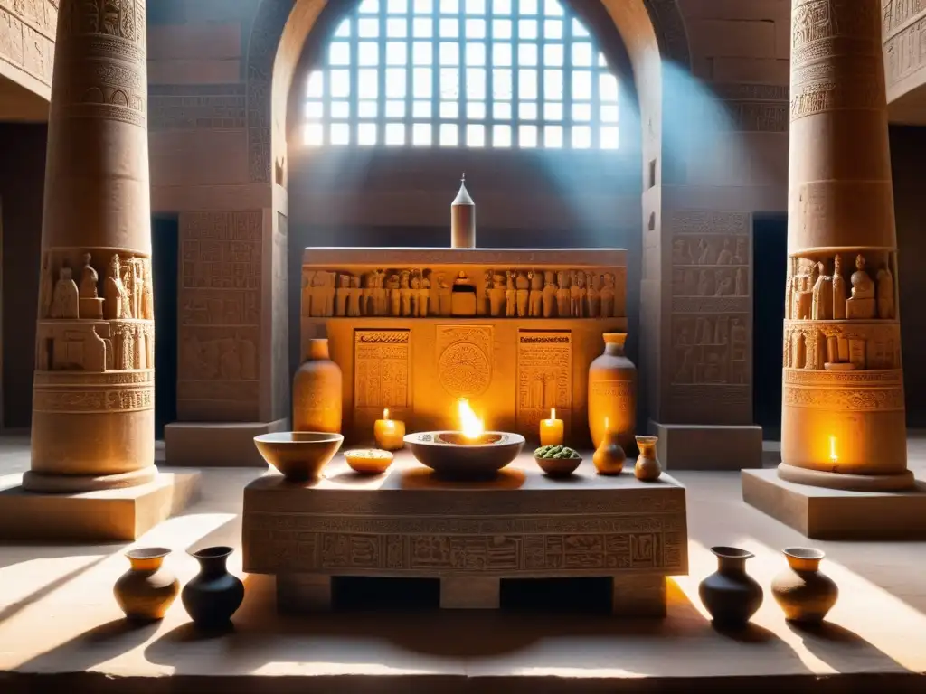 Un antiguo altar mesopotámico con decoraciones detalladas, ofrendas y un ambiente espiritual en un templo iluminado por la luz