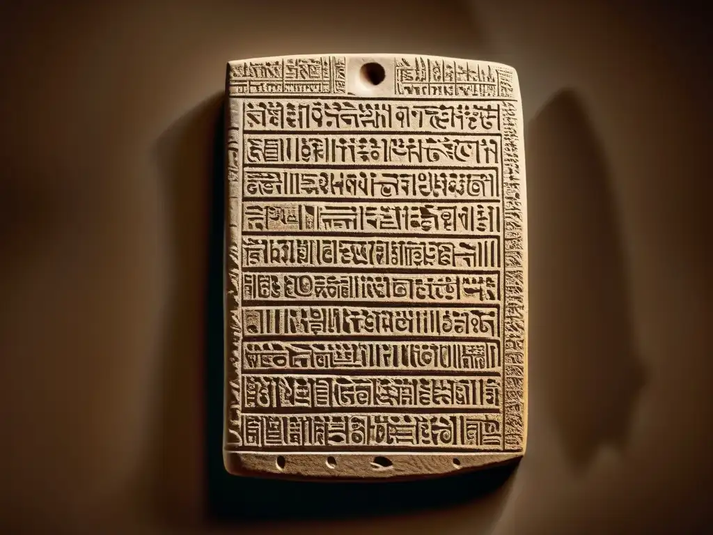 Un antiguo circuito legal de Babilonia tallado en arcilla, con inscripciones cuneiformes resaltadas en tonos sepia y luz cálida