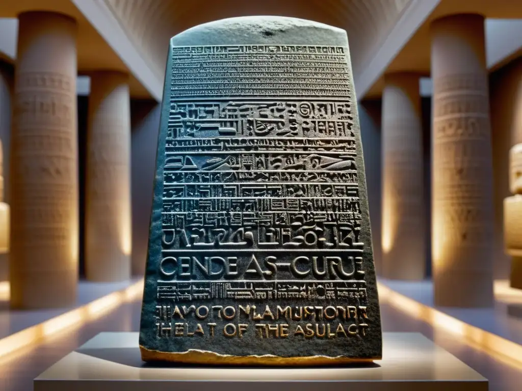 Estela de Hammurabi: Legado legal babilónico en cuneiforme Un antiguo código de Hammurabi en una estela de piedra, resaltando el legado jurídico de Babilonia en una sala de museo iluminada suavemente