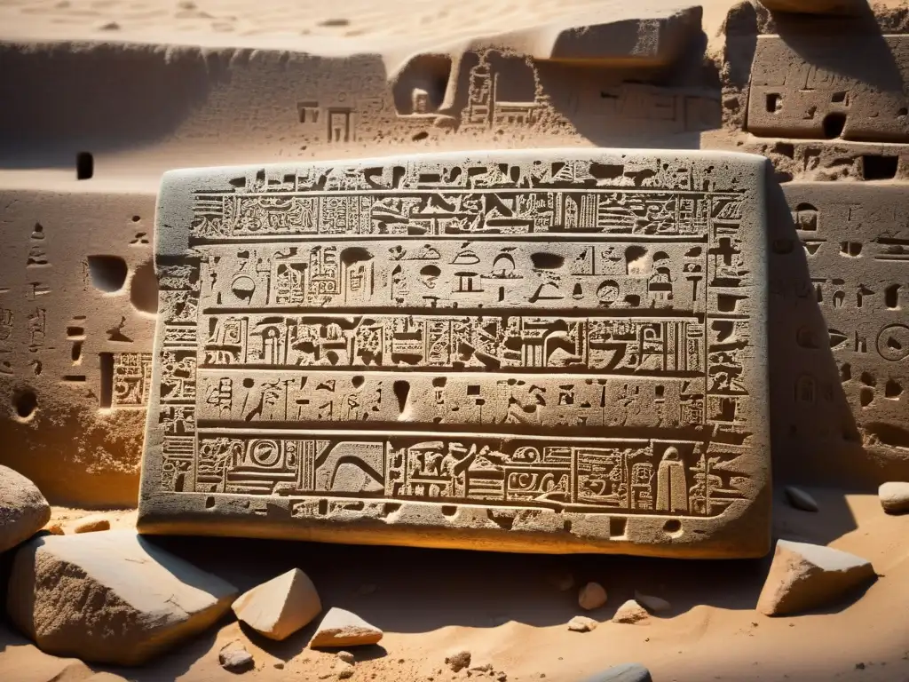 Tableta de piedra cuneiforme: Misterio en Medio Oriente Un antiguo y detallado tablero de piedra cubierto de escritura cuneiforme en un yacimiento arqueológico del Medio Oriente