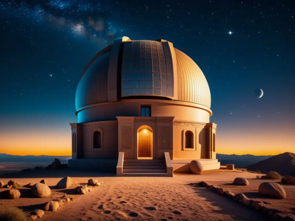 Antiguo observatorio adornado por figuras de astrónomas estudiando el cielo nocturno