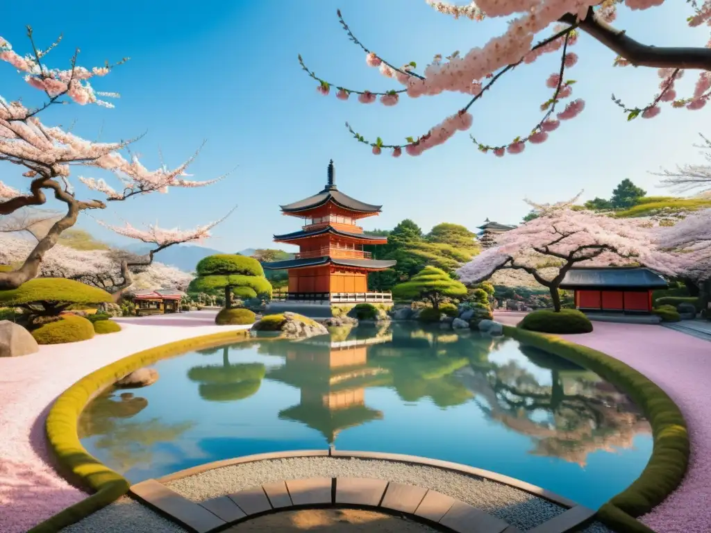 Jardín de meditación en Japón: Pagoda entre cerezos en flor Un jardín de meditación en el antiguo Japón con una pagoda de madera entre cerezos en flor