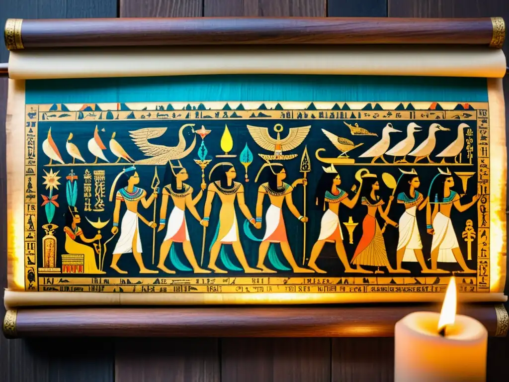 Antiguo papiro con hechizos mágicos de Egipto, ilustraciones detalladas y colores vibrantes en mesa de madera oscura