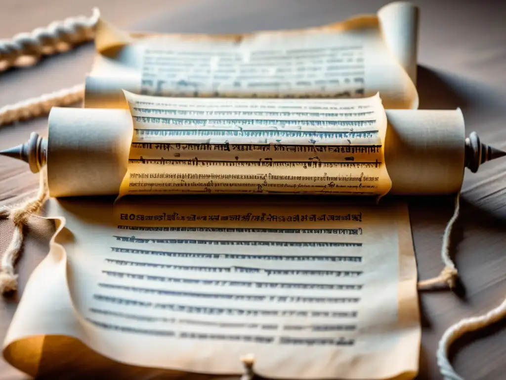 Antiguo pergamino con cuneiforme: sabiduría ancestral Un antiguo pergamino desplegado con escritura cuneiforme detallada, en tonos sepia