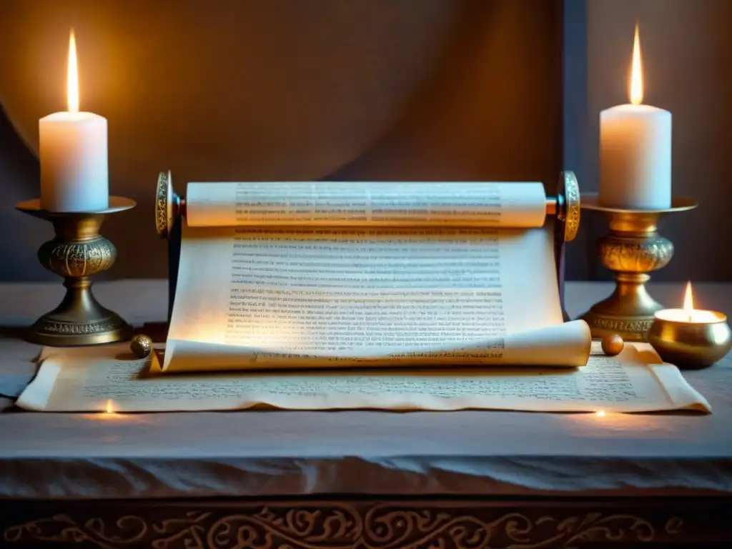 Manuscrito antiguo en altar de piedra: mantras sánscritos en sepia Antiguo pergamino con mantras en la tradición espiritual del Oriente Antiguo sobre altar de piedra desgastada, iluminado por velas