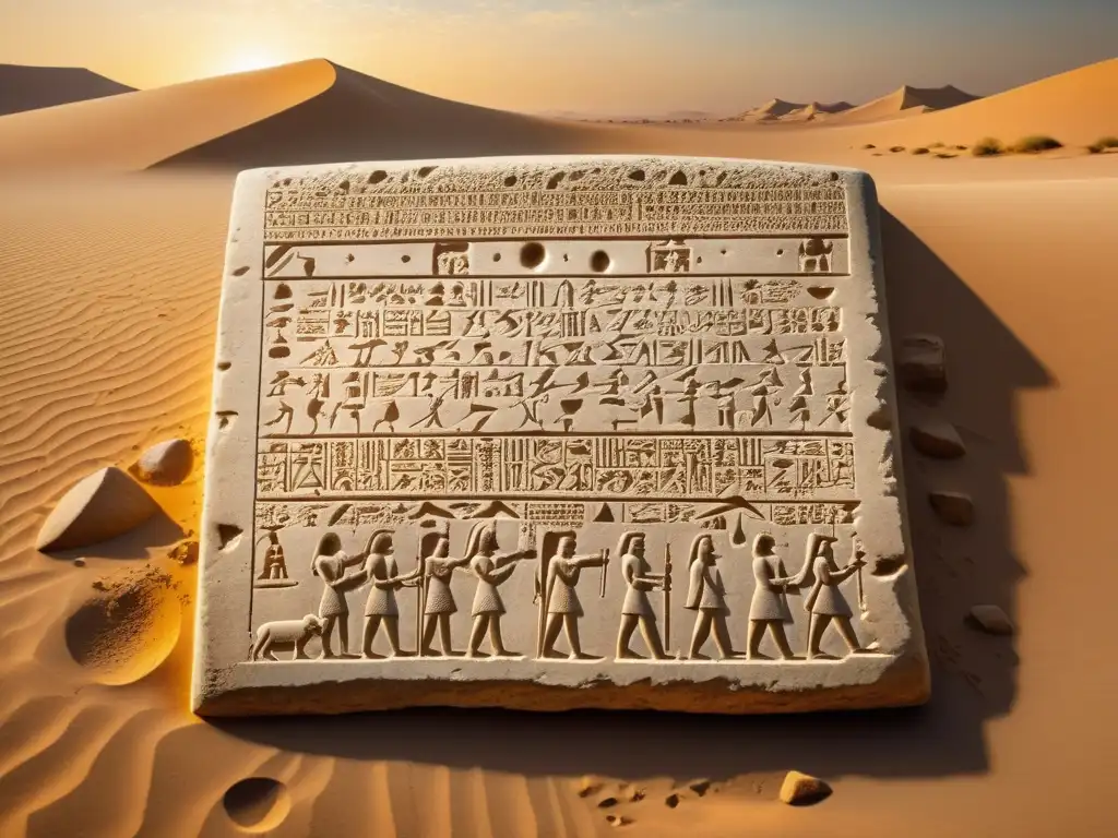 Relieve cuneiforme: descubrimiento en Mesopotamia Un antiguo relato de Mesopotamia tallado en piedra, descubierto entre restos arqueológicos en el desierto bajo la luz dorada