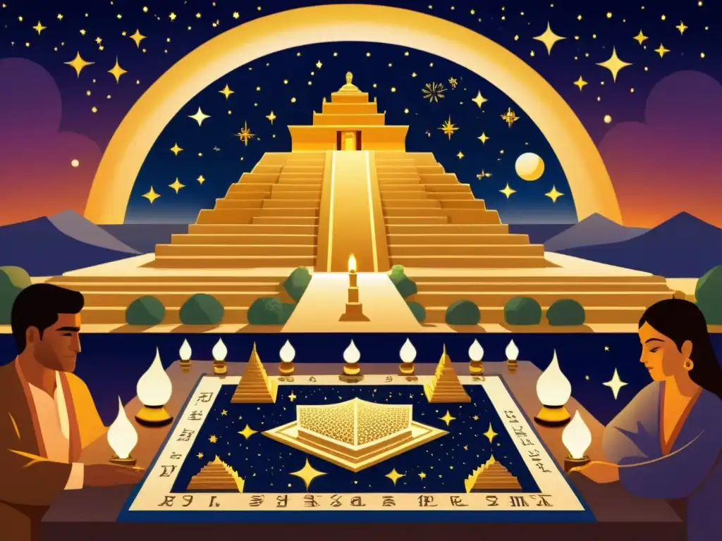 Antiguos astrólogos babilónicos estudian horóscopos bajo la noche estrellada