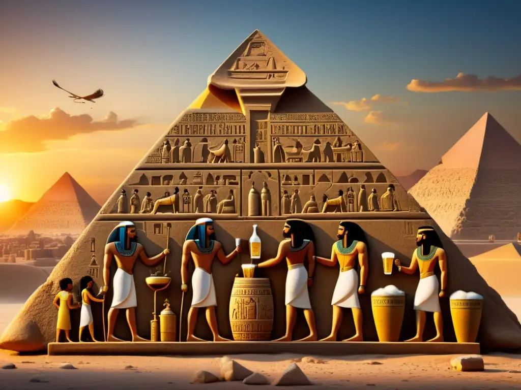 Mural egipcio: elaboración de cerveza bajo las pirámides al atardecer Antiguos egipcios elaborando cerveza frente a las pirámides al atardecer, destacando la importancia de la cerveza en el antiguo Egipto