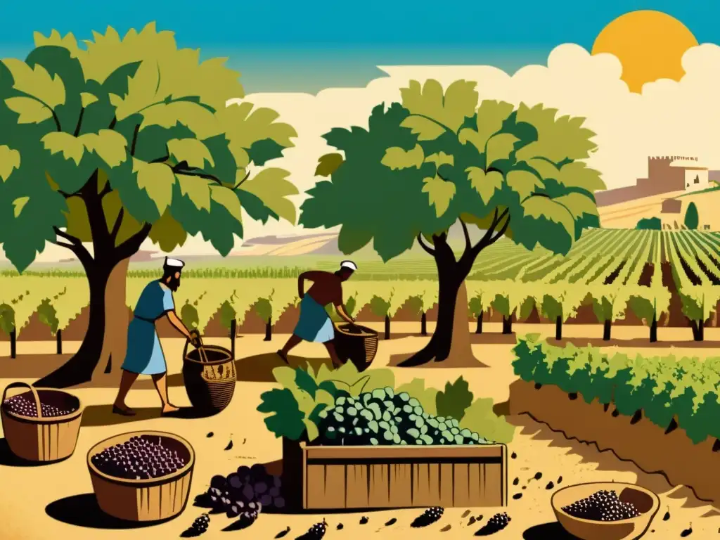 Recolección de uvas en la antigua Sumeria Antiguos sumerios cosechando uvas bajo el sol abrasador, pisando las uvas en grandes toneles de madera en un viñedo bullicioso