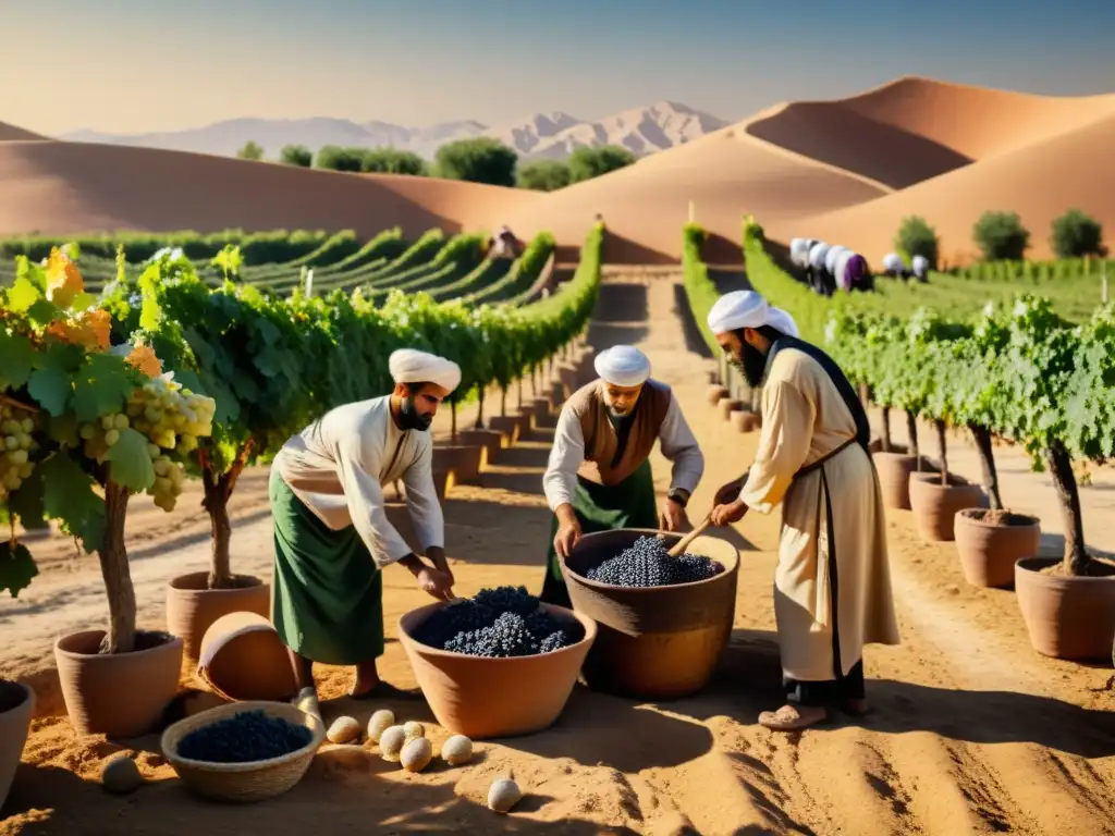 Vendimia ancestral en Oriente Medio: detallada imagen en sepia 8K Antiguos vinicultores del Medio Oriente cosechando uvas bajo el sol, con ánforas de arcilla y paisajes áridos