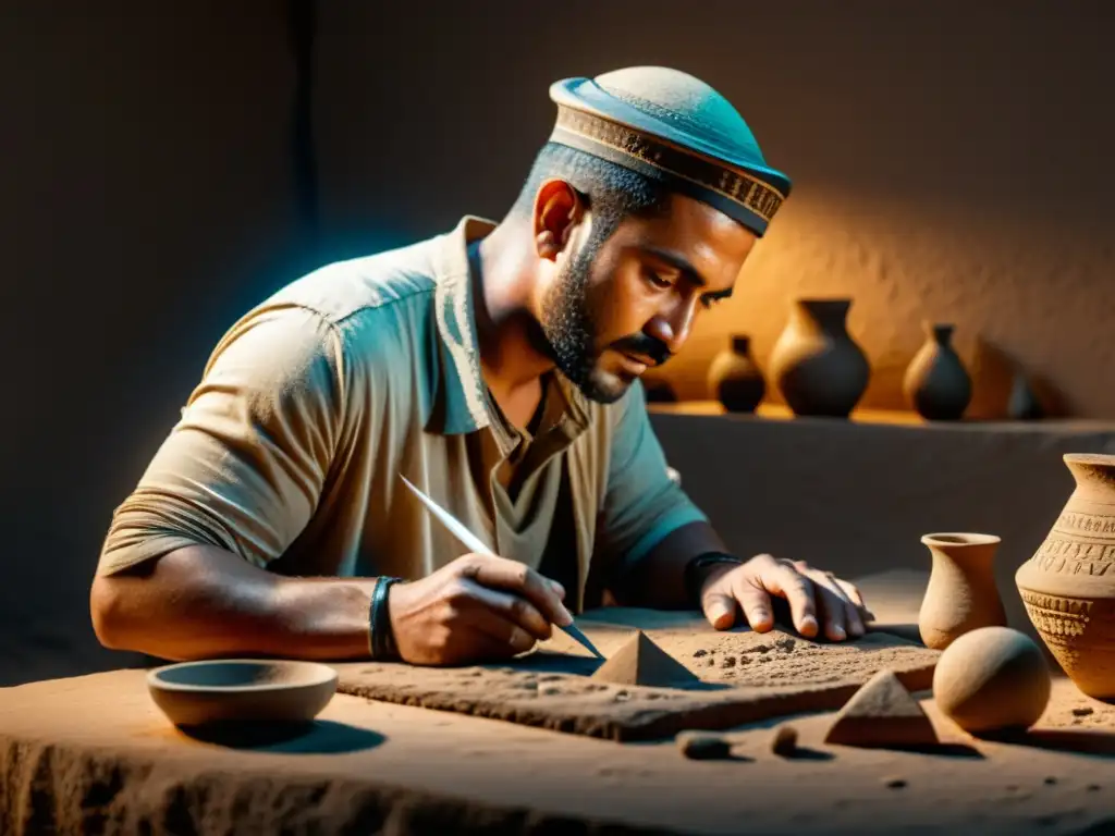 Arqueólogo sumerio reconstruye artefacto antiguo en estudio iluminado Un arqueólogo meticuloso reconstruye un artefacto sumerio rodeado de herramientas antiguas en un estudio tenue, destacando los detalles