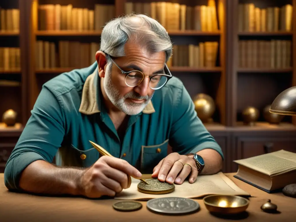 Arqueólogo examina moneda Urartiana antigua bajo lupa Arqueólogo examina una moneda Urartu bajo lupa, rodeado de artefactos antiguos y libros en estudio histórico iluminado tenue
