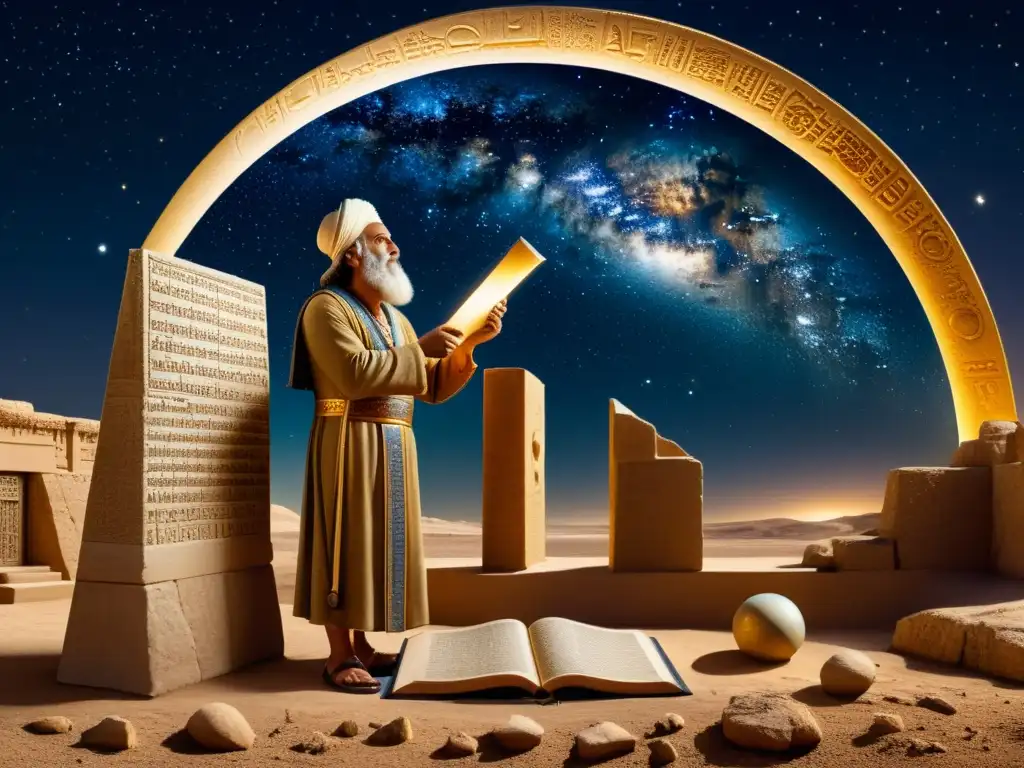 Astrónomo babilónico observando el cielo nocturno con sabiduría ancestral Un astrónomo babilónico observa el cielo con instrumentos antiguos rodeado de pergaminos y mapas