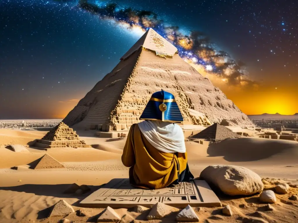 Un astrónomo egipcio antiguo estudia el cielo estrellado junto a la Gran Pirámide de Giza