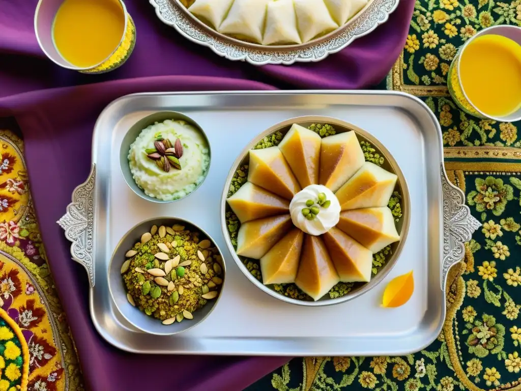 Una bandeja de plata llena de postres tradicionales de la cultura persa, en un bullicioso bazar persa