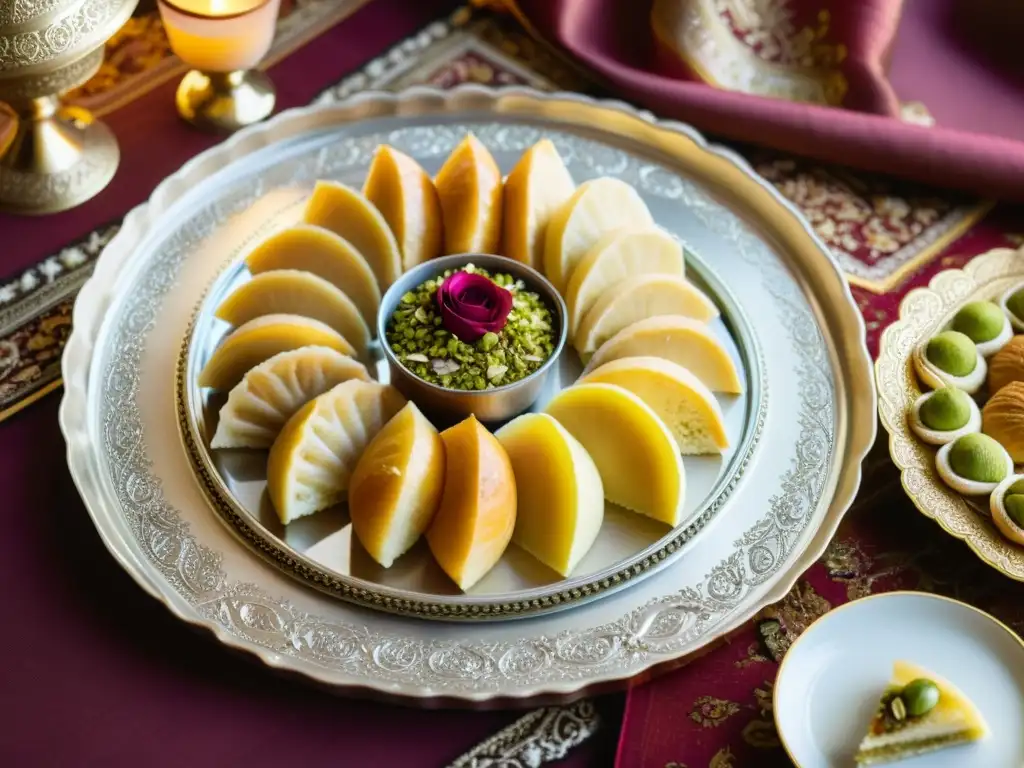 Una bandeja de plata con postres tradicionales de la cultura persa, adornados con pistachos y almendras, sobre alfombras persas