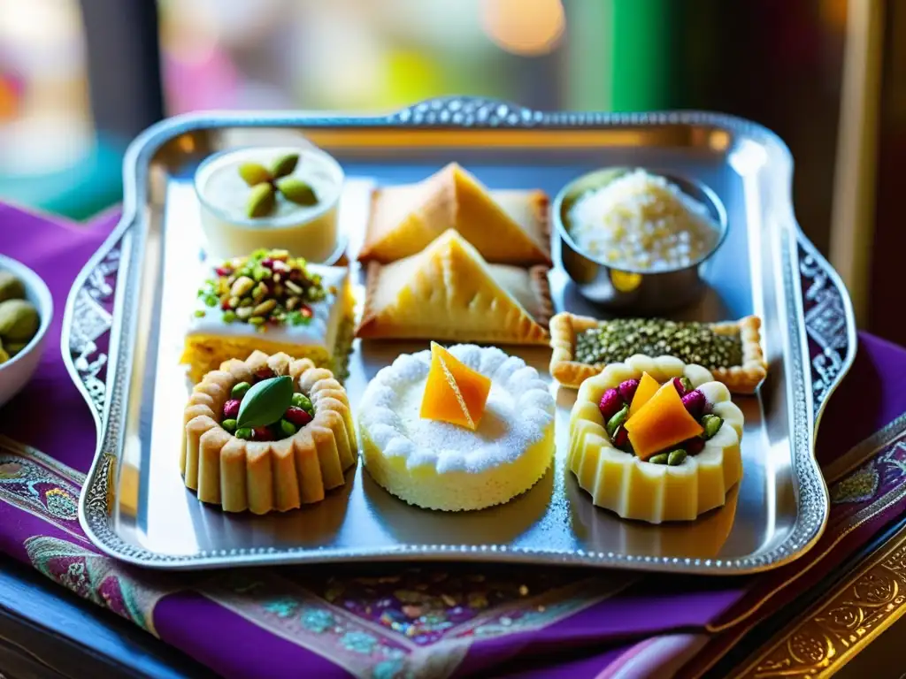 Exquisita bandeja de postres persas en bazar colorido Una bandeja plateada con postres tradicionales Persas exquisitamente decorados en un bullicioso bazar persa