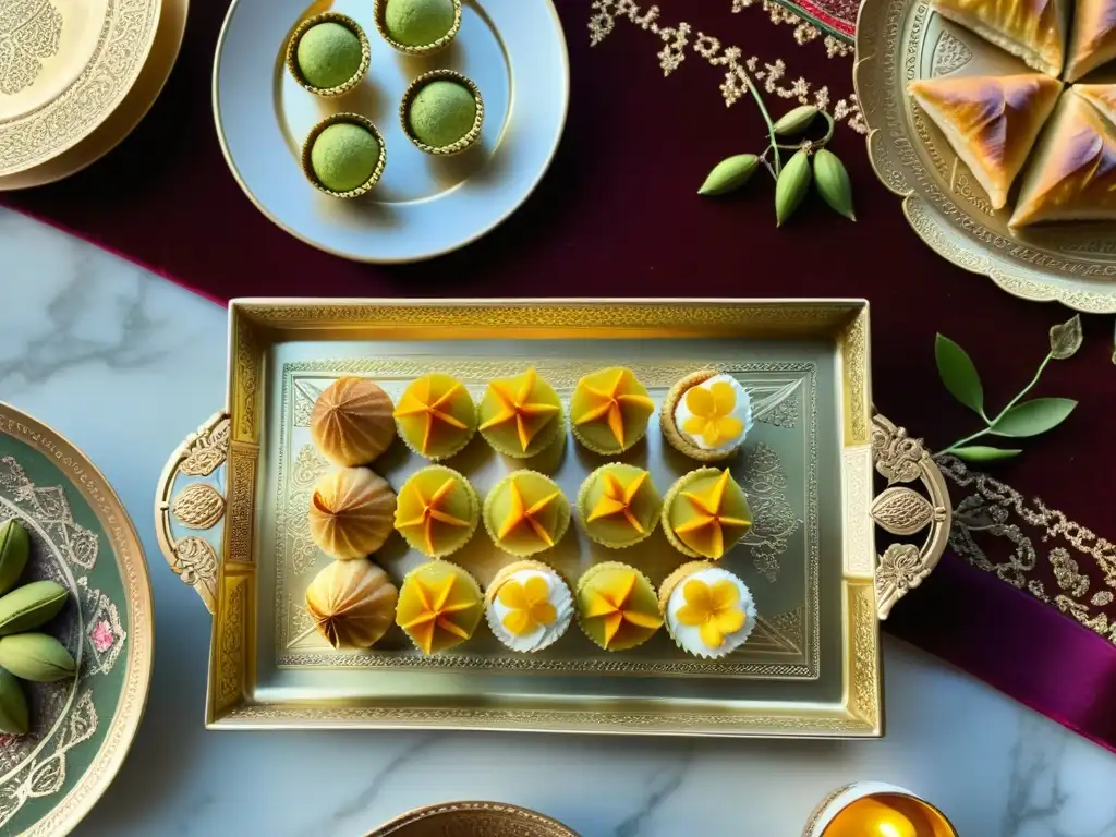 Un banquete de postres tradicionales de la cultura persa, adornados con pistachos, almendras y pétalos de rosa