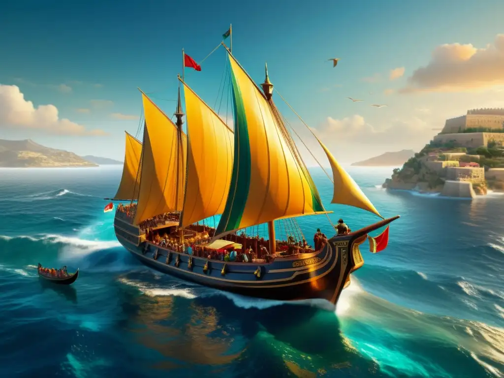 Un barco fenicio detalladamente ilustrado navegando por el Mar Mediterráneo, con adornos intrincados y velas coloridas, y una tripulación diversa interactuando en intercambios diplomáticos con personas de diferentes culturas en las costas de varias ciudades costeras