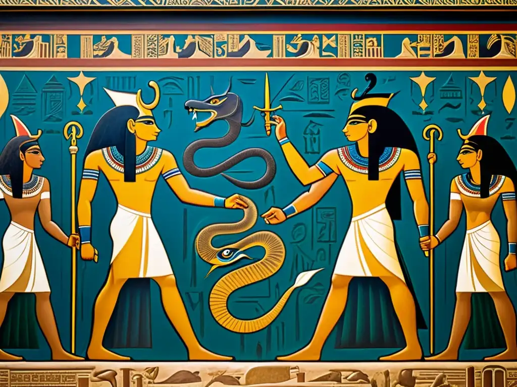 Batalla épica entre Ra y la Serpiente Apophis en estilo egipcio, resaltando la lucha entre luz y oscuridad