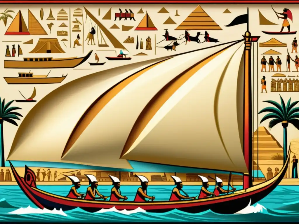 Batalla naval en el Nilo del Antiguo Egipto: barcos de madera con velas y jeroglíficos